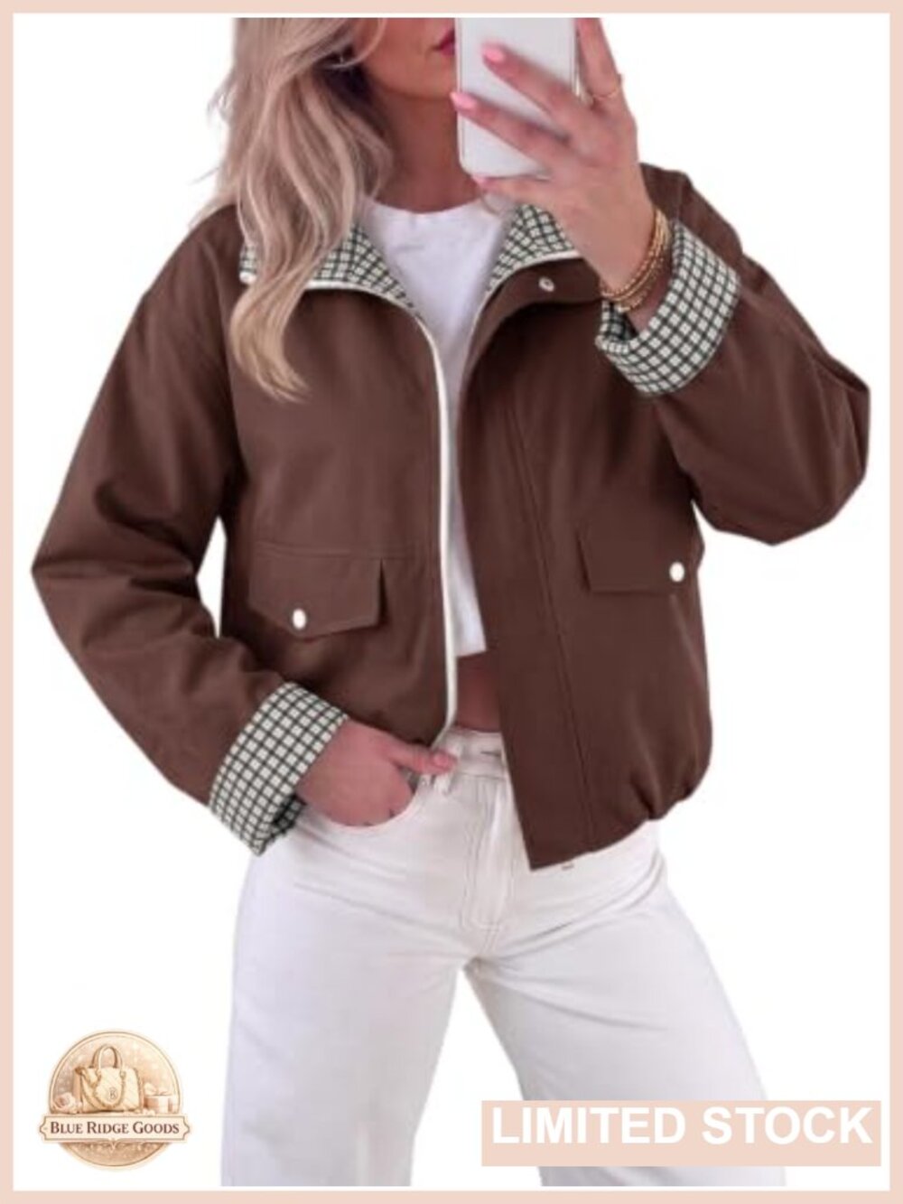 Cropped Bomber Jacket Plaid Lined Lightweight Casual Fall Jacket